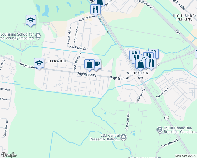 map of restaurants, bars, coffee shops, grocery stores, and more near 1741 Brightside Drive in Baton Rouge