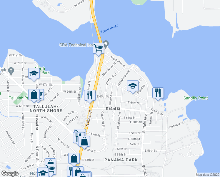 map of restaurants, bars, coffee shops, grocery stores, and more near 7525 Oakwood Street in Jacksonville