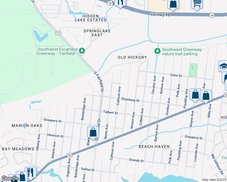map of restaurants, bars, coffee shops, grocery stores, and more near 912 Rentz Avenue in Pensacola