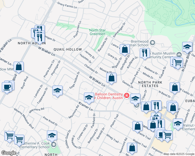 map of restaurants, bars, coffee shops, grocery stores, and more near 1423 West Braker Lane in Austin