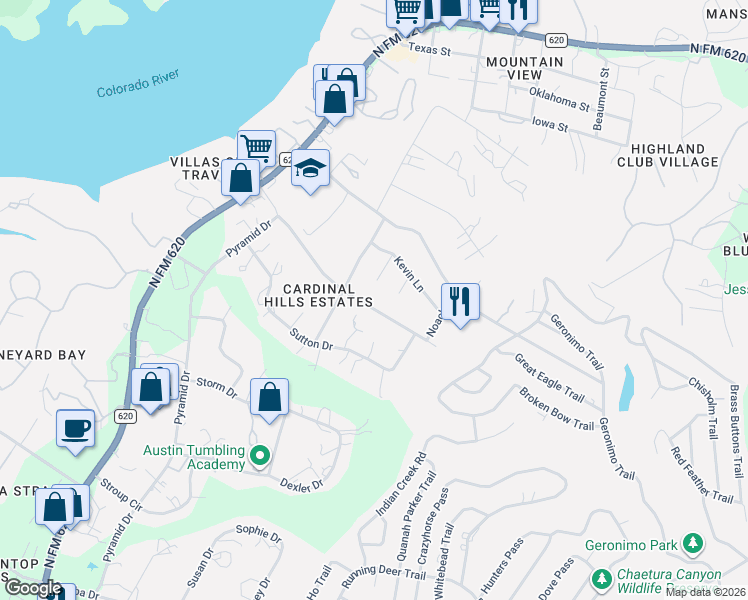 map of restaurants, bars, coffee shops, grocery stores, and more near 15112 Lariat Trail in Austin