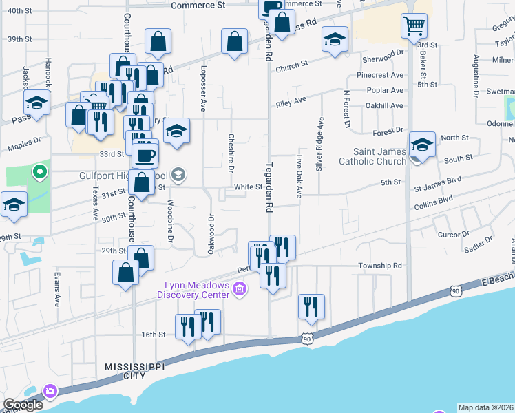 map of restaurants, bars, coffee shops, grocery stores, and more near 365 Tegarden Road in Gulfport