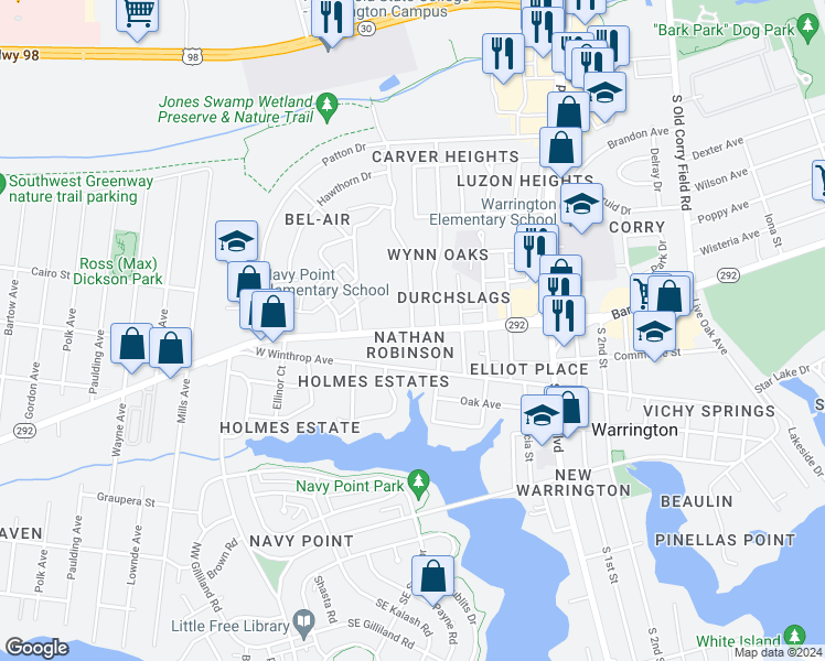 map of restaurants, bars, coffee shops, grocery stores, and more near Gulf Beach Highway & Brigadier Street in Pensacola