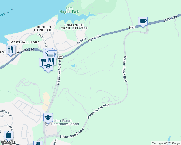 map of restaurants, bars, coffee shops, grocery stores, and more near 12102 Moriah Bend in Austin