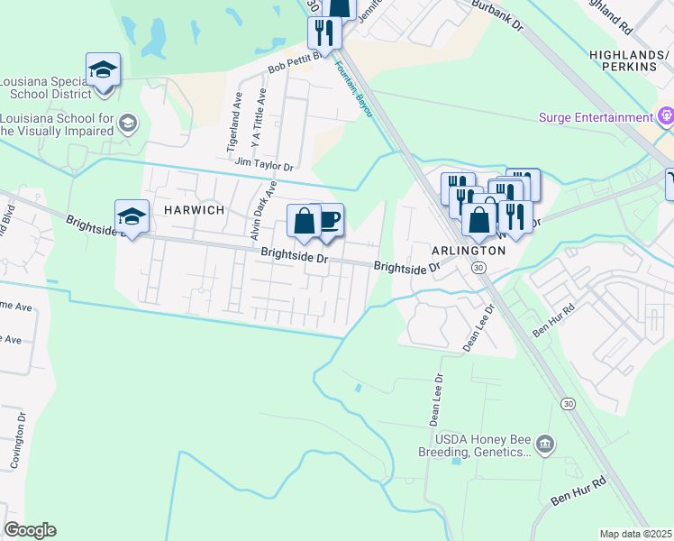 map of restaurants, bars, coffee shops, grocery stores, and more near 1741 Brightside Drive in Baton Rouge