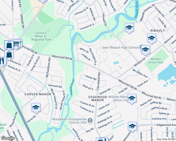 map of restaurants, bars, coffee shops, grocery stores, and more near 4410 Moncrief Road West in Jacksonville