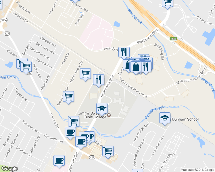 map of restaurants, bars, coffee shops, grocery stores, and more near 7077 Bluebonnet Boulevard in Baton Rouge