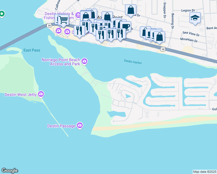 map of restaurants, bars, coffee shops, grocery stores, and more near 124 Gulf Winds Court in Destin