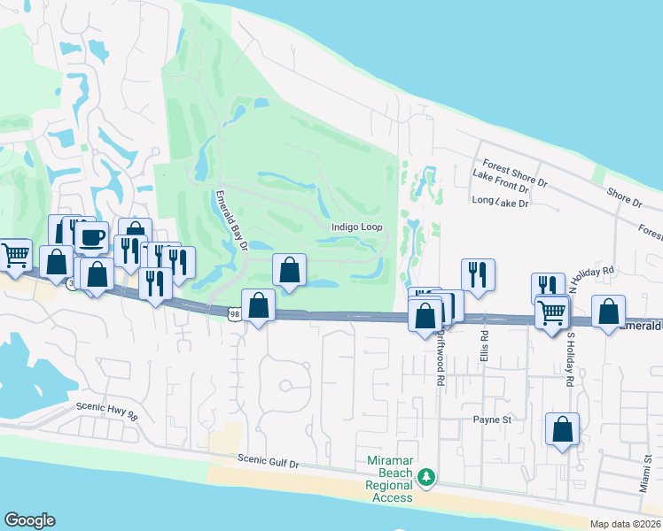 map of restaurants, bars, coffee shops, grocery stores, and more near 220 Indigo Loop in Miramar Beach