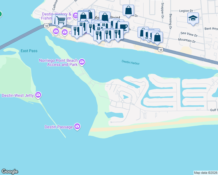 map of restaurants, bars, coffee shops, grocery stores, and more near 115 Gulf Winds Court in Destin