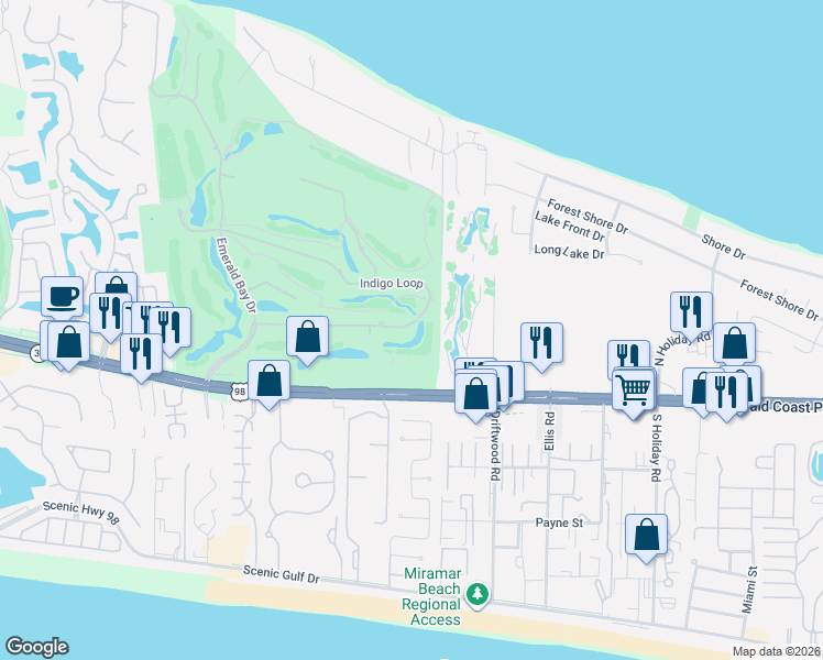 map of restaurants, bars, coffee shops, grocery stores, and more near 358 Indigo Loop in Destin