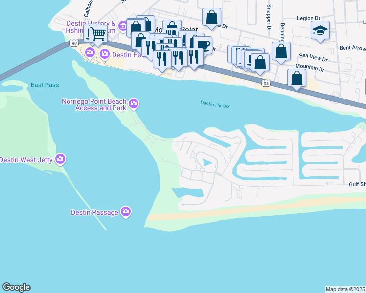 map of restaurants, bars, coffee shops, grocery stores, and more near 26 Gulf Breeze Court in Destin