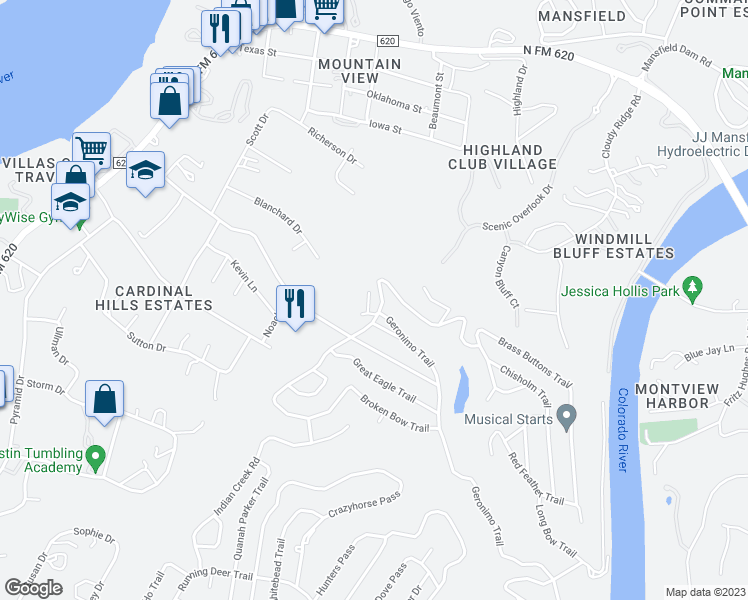 map of restaurants, bars, coffee shops, grocery stores, and more near 3103 Coyote Court in Austin
