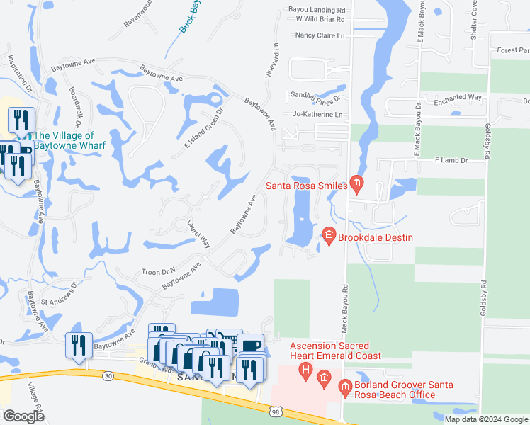 map of restaurants, bars, coffee shops, grocery stores, and more near 1420 Baytowne Circle East in Destin