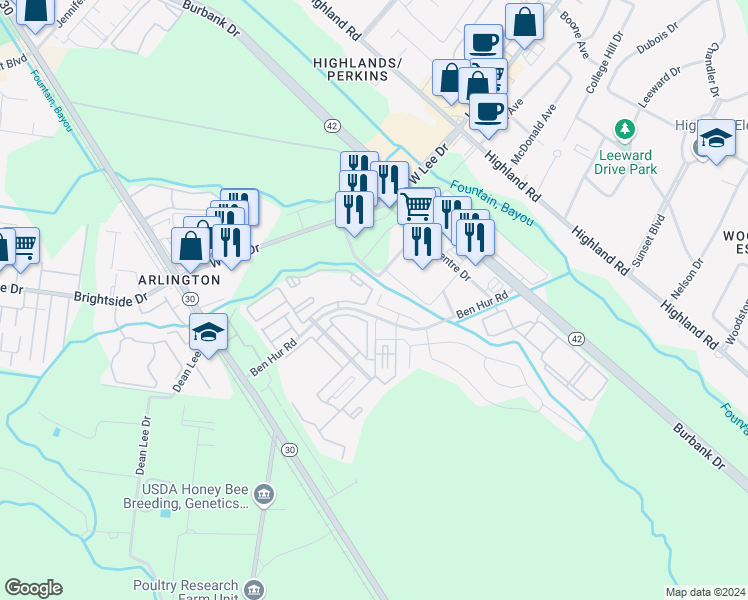 map of restaurants, bars, coffee shops, grocery stores, and more near 16 Ben Hur Road in Baton Rouge
