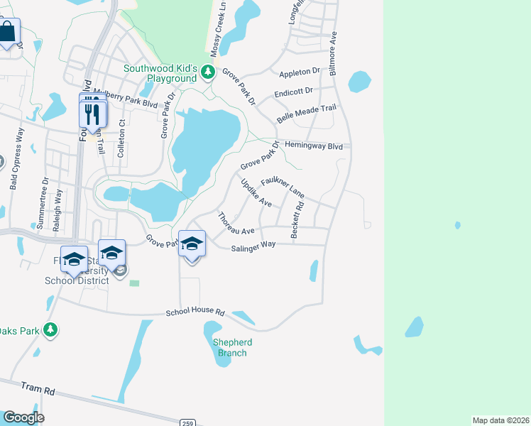 map of restaurants, bars, coffee shops, grocery stores, and more near 4119 Kipling Court in Tallahassee