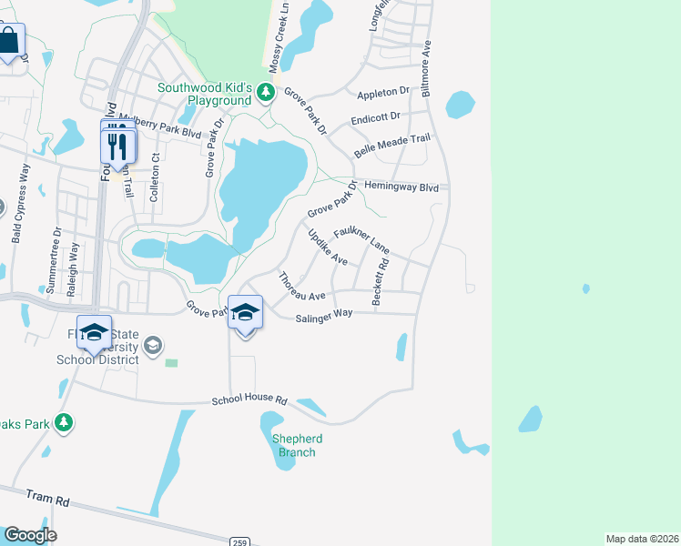 map of restaurants, bars, coffee shops, grocery stores, and more near 4119 Kipling Court in Tallahassee