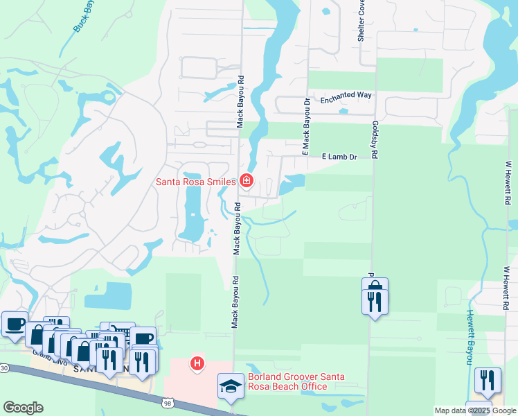 map of restaurants, bars, coffee shops, grocery stores, and more near 101 East Mack Bayou Drive in Santa Rosa Beach