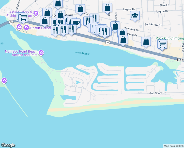 map of restaurants, bars, coffee shops, grocery stores, and more near 143 Durango Road in Destin
