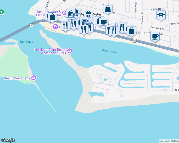map of restaurants, bars, coffee shops, grocery stores, and more near 124 Gulf Winds Court in Destin