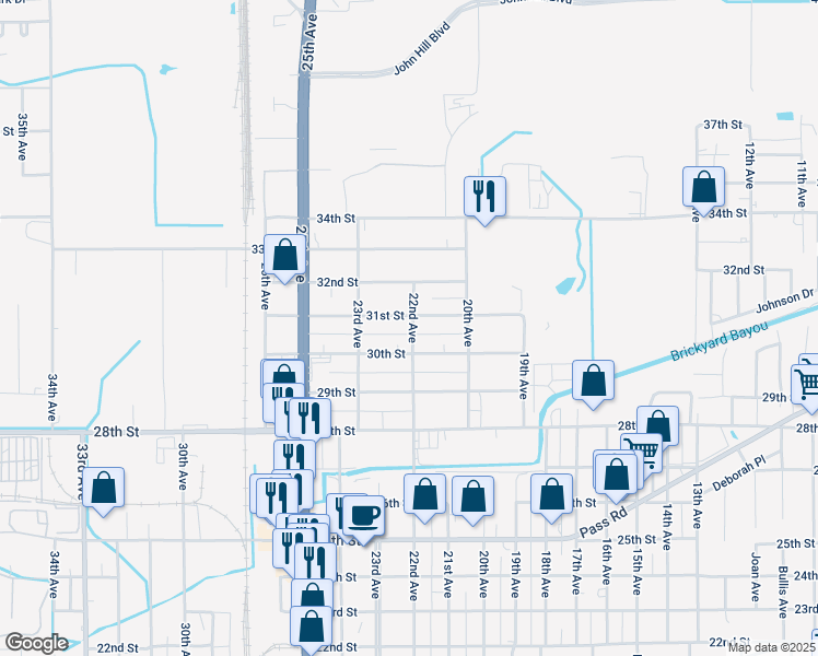 map of restaurants, bars, coffee shops, grocery stores, and more near 2212 30th Street in Gulfport