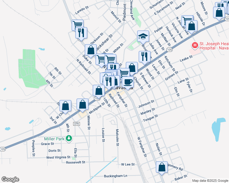 map of restaurants, bars, coffee shops, grocery stores, and more near 200 Farquhar Street in Navasota