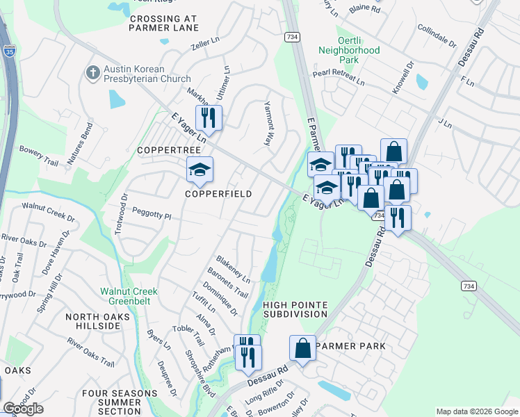 map of restaurants, bars, coffee shops, grocery stores, and more near 12219 Branston Drive in Austin