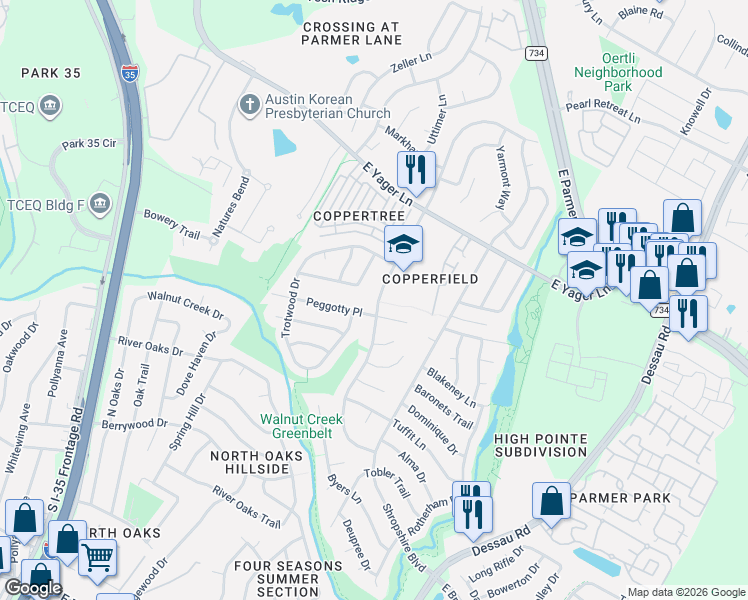 map of restaurants, bars, coffee shops, grocery stores, and more near 12000 Trotwood Drive in Austin
