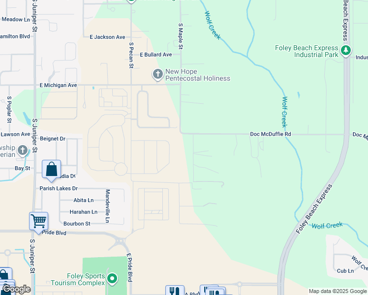 map of restaurants, bars, coffee shops, grocery stores, and more near 21280 Doc McDuffie Road in Foley