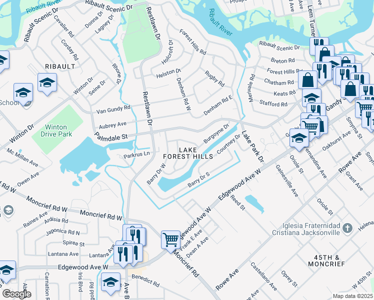 map of restaurants, bars, coffee shops, grocery stores, and more near 2329 Burgoyne Court in Jacksonville