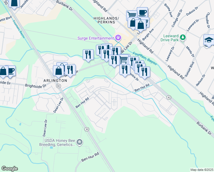 map of restaurants, bars, coffee shops, grocery stores, and more near 16 Ben Hur Road in Baton Rouge