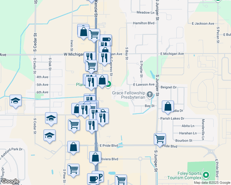 map of restaurants, bars, coffee shops, grocery stores, and more near 300 East Lawson Avenue in Foley