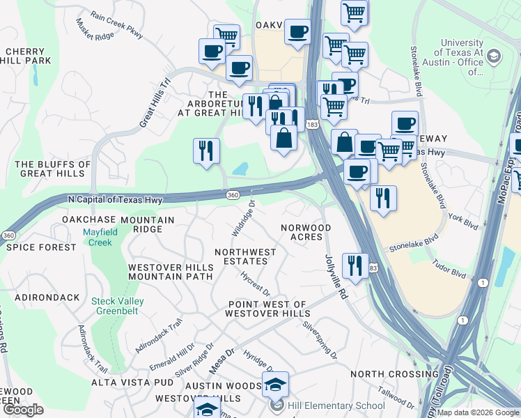 map of restaurants, bars, coffee shops, grocery stores, and more near 9525 North Capital of Texas Highway in Austin