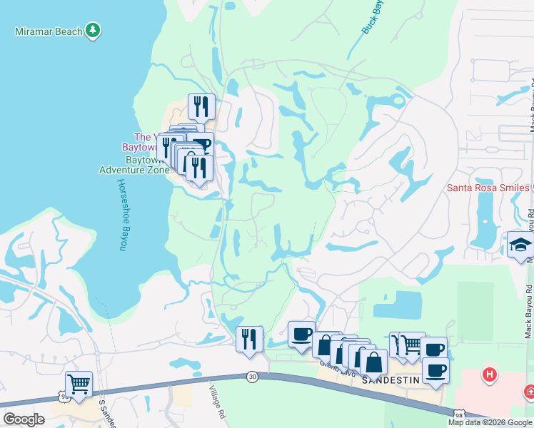 map of restaurants, bars, coffee shops, grocery stores, and more near 8555 Turnberry Court in Miramar Beach