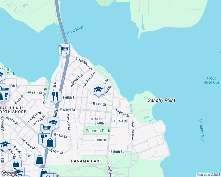 map of restaurants, bars, coffee shops, grocery stores, and more near 8073 Floyd Street in Jacksonville