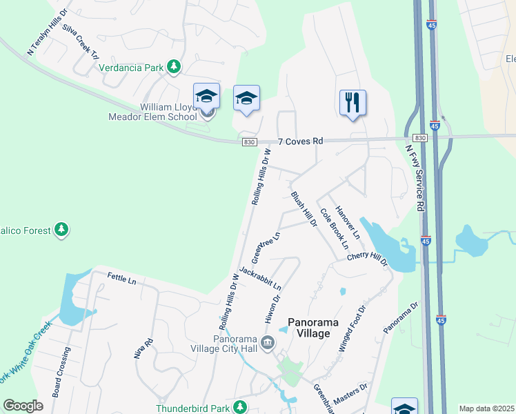 map of restaurants, bars, coffee shops, grocery stores, and more near 111 Rolling Hills Drive West in Conroe