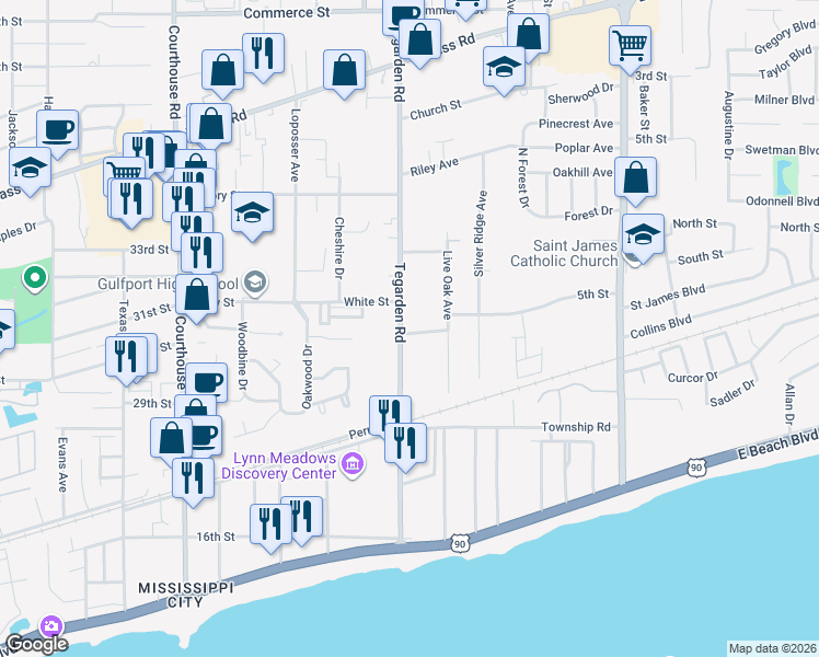 map of restaurants, bars, coffee shops, grocery stores, and more near 360 Tegarden Road in Gulfport