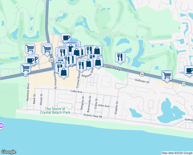 map of restaurants, bars, coffee shops, grocery stores, and more near 219 Grand Key Loop West in Destin