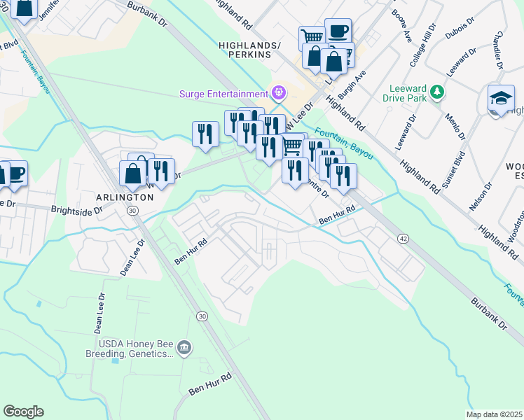 map of restaurants, bars, coffee shops, grocery stores, and more near 16 Ben Hur Road in Baton Rouge