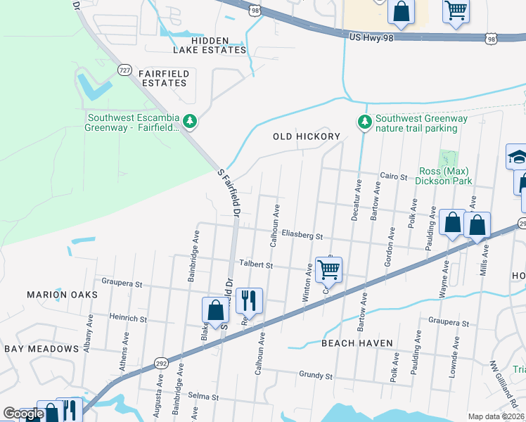 map of restaurants, bars, coffee shops, grocery stores, and more near 916 Rentz Avenue in Pensacola