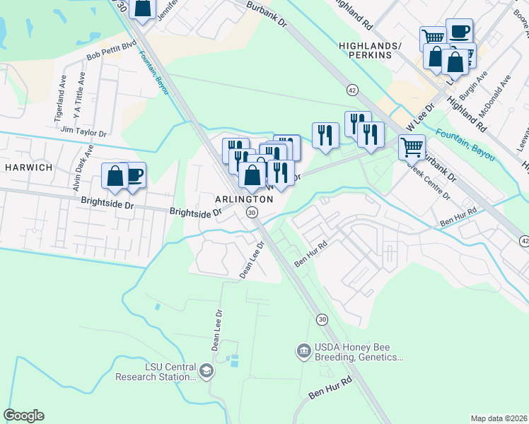 map of restaurants, bars, coffee shops, grocery stores, and more near 5445 Nicholson Drive in Baton Rouge