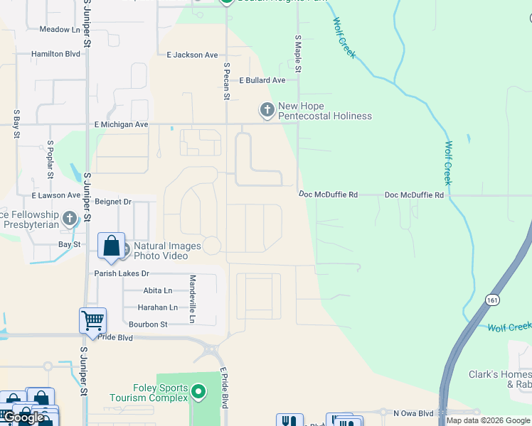 map of restaurants, bars, coffee shops, grocery stores, and more near 1753 Grouse Street in Foley