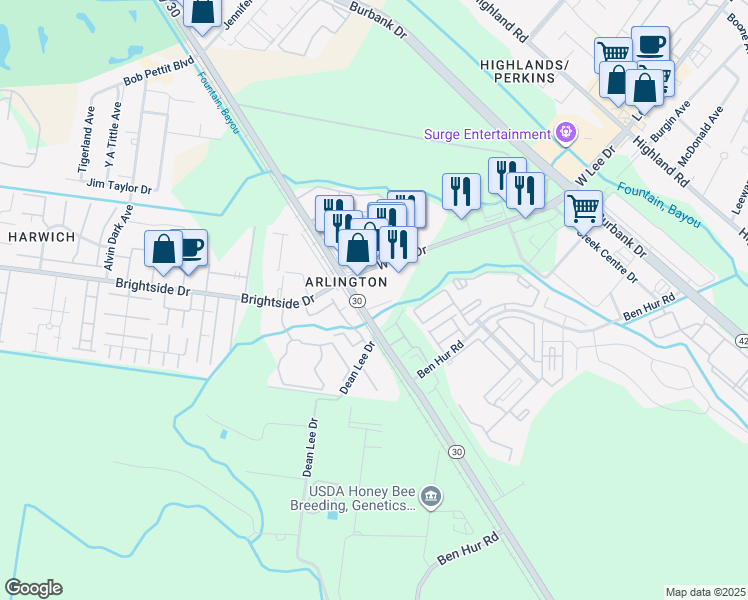 map of restaurants, bars, coffee shops, grocery stores, and more near 5445 Nicholson Drive in Baton Rouge