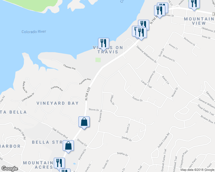 map of restaurants, bars, coffee shops, grocery stores, and more near 2603 Pyramid Drive in Austin