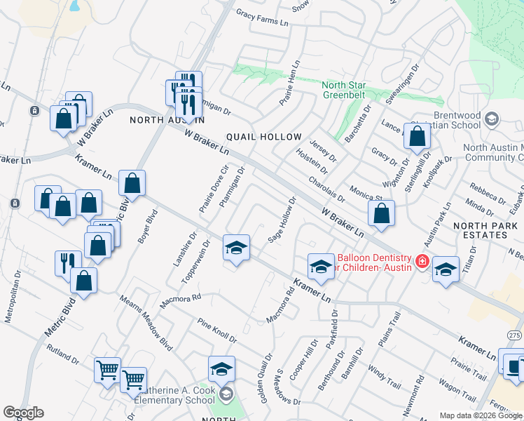 map of restaurants, bars, coffee shops, grocery stores, and more near 11108 Baltus Drive in Austin