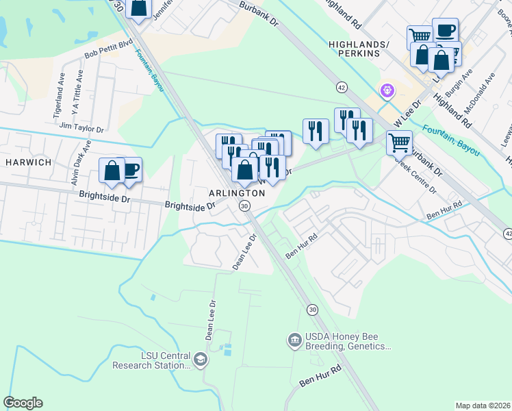 map of restaurants, bars, coffee shops, grocery stores, and more near 5407 Nicholson Drive in Baton Rouge