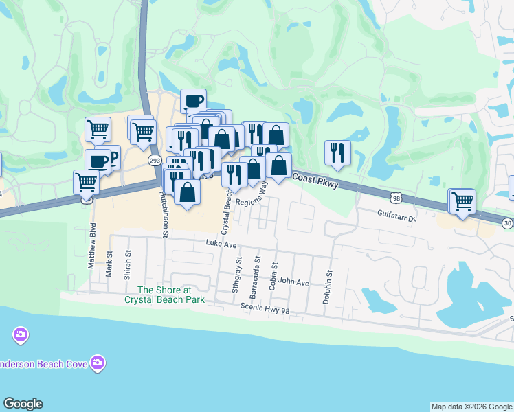 map of restaurants, bars, coffee shops, grocery stores, and more near 219 Grand Key Loop West in Destin