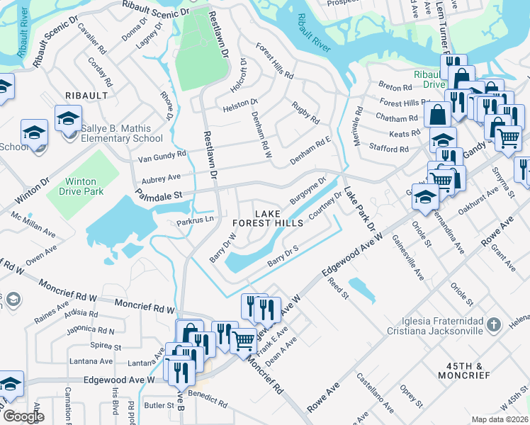 map of restaurants, bars, coffee shops, grocery stores, and more near 6403 Howe Drive in Jacksonville