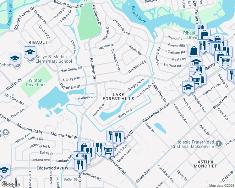 map of restaurants, bars, coffee shops, grocery stores, and more near 6403 Howe Drive in Jacksonville