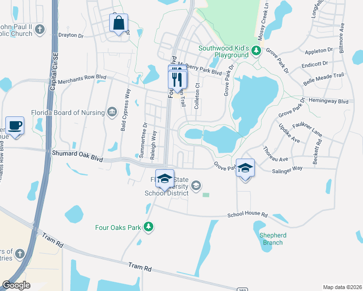 map of restaurants, bars, coffee shops, grocery stores, and more near 4242 Avon Park Circle in Tallahassee